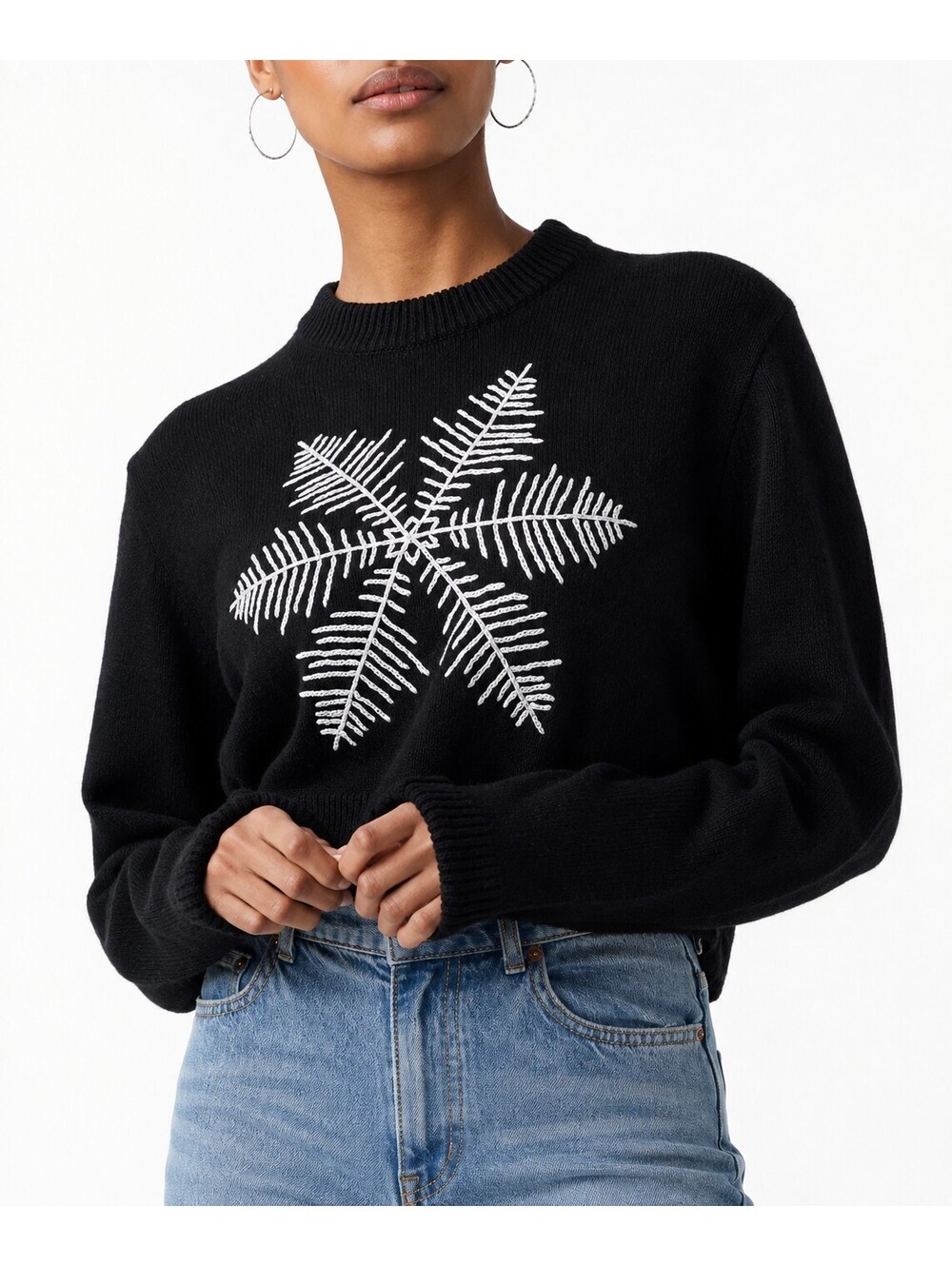 French Connection Cropped Y2K 90s Lamb wool Embroidered Snowflake Sweater S NWT